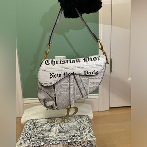 Rare Christian Dior 2024 Newspaper Print White Black Calfskin Saddle Bag